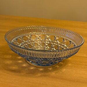 Vintage 70s Blue Glass Bowl Federal Glass Windsor Button and Cane 7.5”
